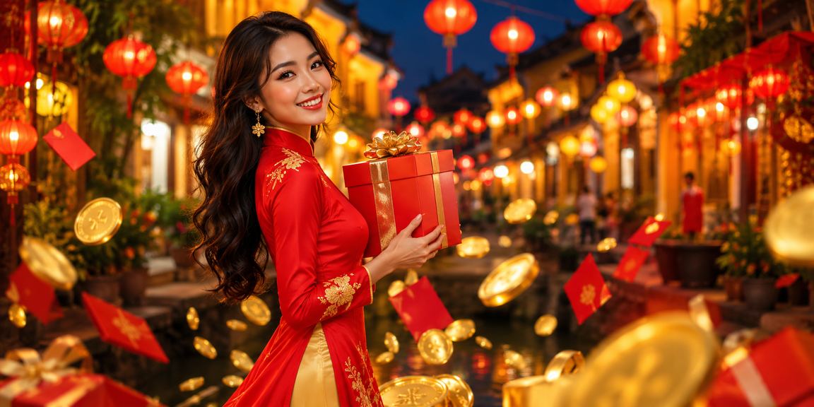 Người chơi nhận thưởng phong bì đỏ qua ứng dụng mobile trong không gian đèn lồng Hội An